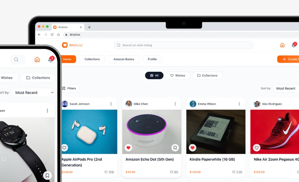 Wish-listing platform mobile and desktop interface examples | Dinarys case study