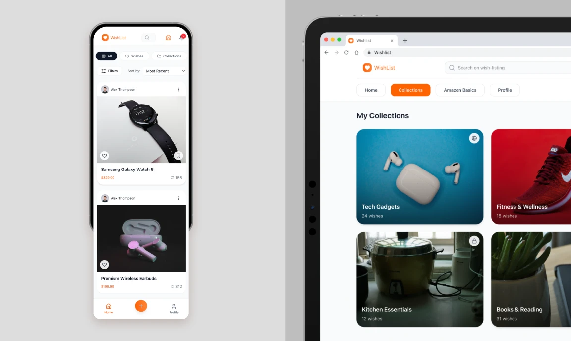 Mobile and desktop interface examples of a wish-listing platform with item demonstration | Dinarys case study