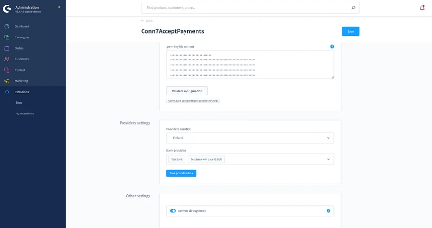 Settings screen Shopware