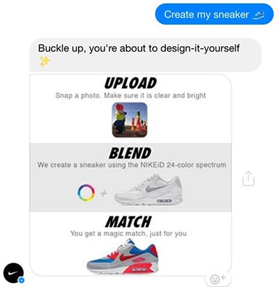 develop chatbot from scratch - The Nike chatbot allows users to create unique shoe styles and share them with friends on Facebook.