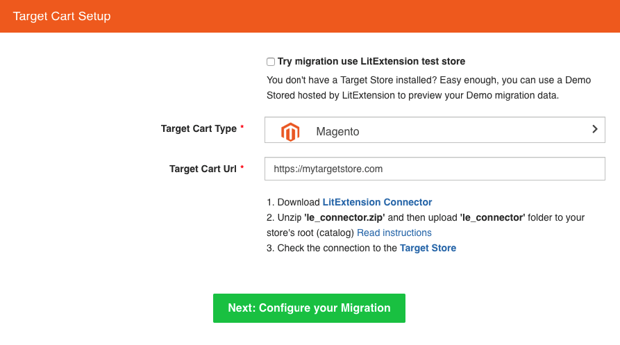 migrate opencart database to magento choose Magento as a Target Cart, give your store’s URL, download the Connection Bridge and upload it to the root folder of our Magento store.