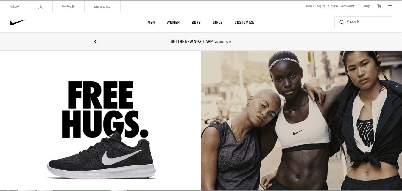 Nike tells customers their business value using a single image on a website homepage