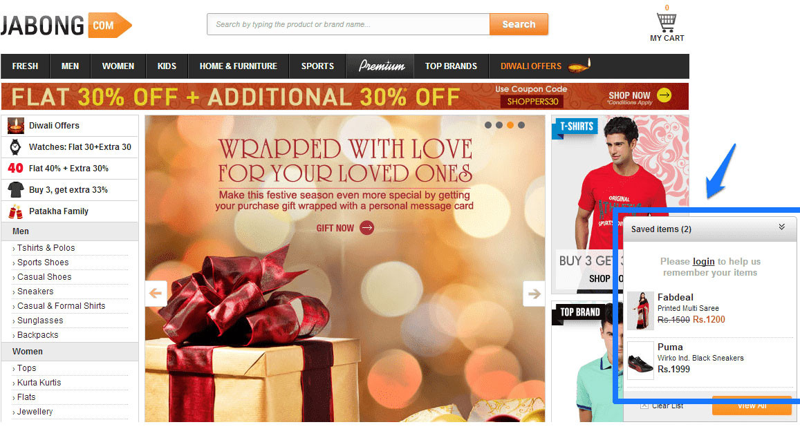 Jabong’s homepage uses long-term cookies and shows products added to the cart over a long period of time