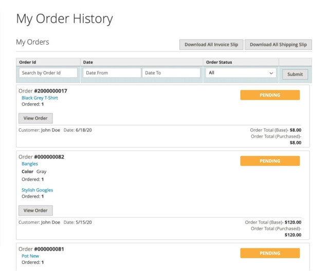 magento order history