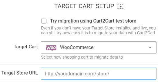 select the WooCommerce platform as the target and fill the “Target Store URL”