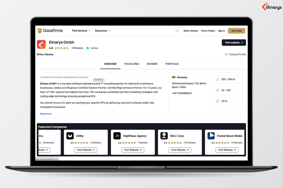 Best ecommerce website development companies: Example of a company profile on Goodfirms