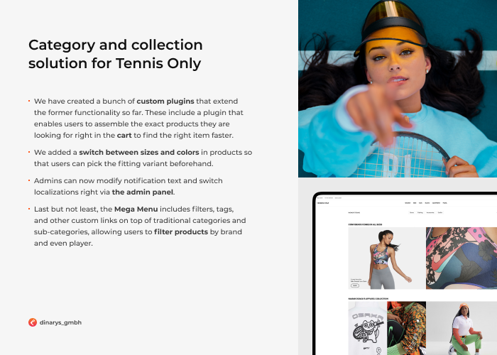 Best ecommerce development companies for fashion and apparel: A picture explaining the UX work the Dinarys team did for the Tennis Only project