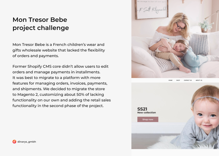 Ecommerce web development companies for fashion and apparel: A picture explaining the replatforming and technical architecture work the Dinarys team did for Mon Tresor Bebe