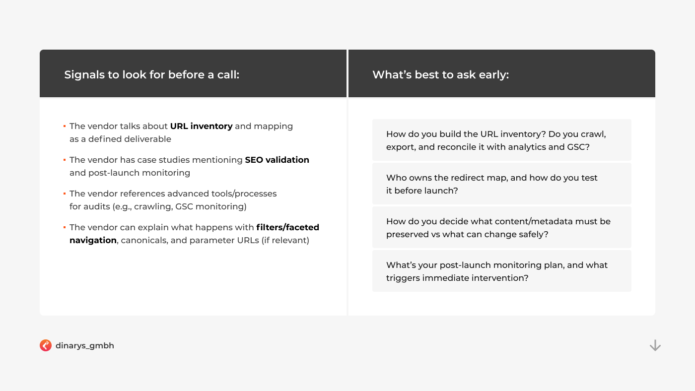 Ecommerce migration companies: SEO plan signals and questions