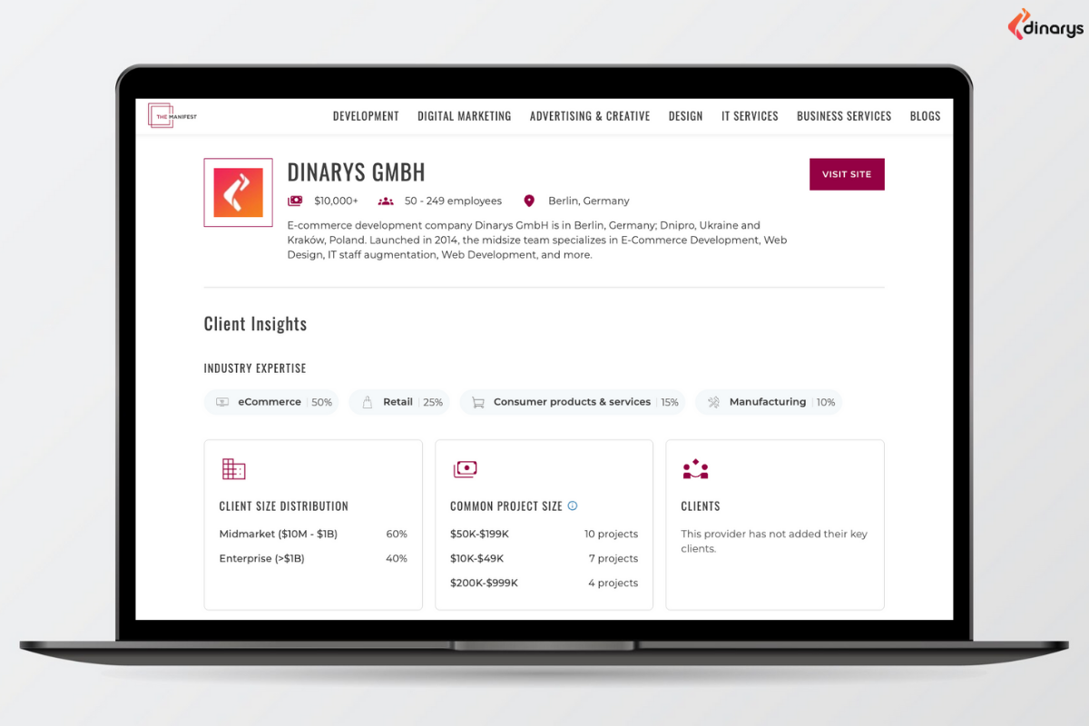Leading agencies for ecommerce development: Example of a company profile on The Manifest